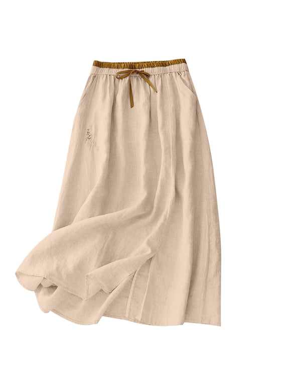 Skirts for Women Summer Solid Color Cotton Linen Midi Skirt Comfy Elastic Waist Drawstring Long Skirts for Women with Pockets M