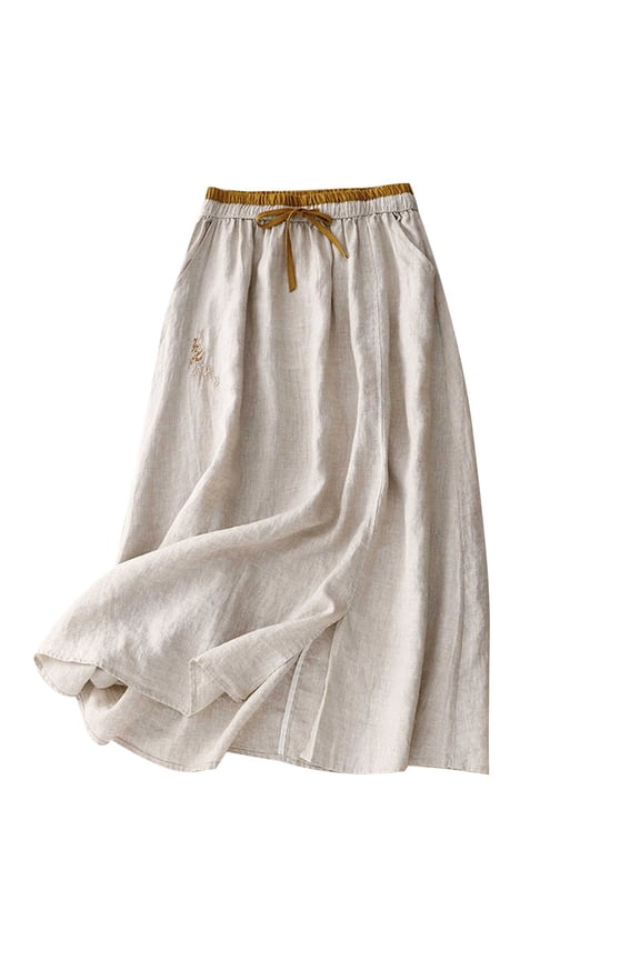 Skirts for Women Summer Solid Color Cotton Linen Midi Skirt Comfy Elastic Waist Drawstring Long Skirts for Women with Pockets M