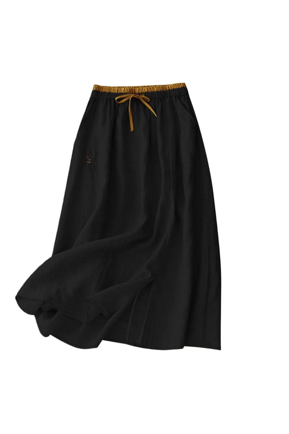 Skirts for Women Summer Solid Color Cotton Linen Midi Skirt Comfy Elastic Waist Drawstring Long Skirts for Women with Pockets XL