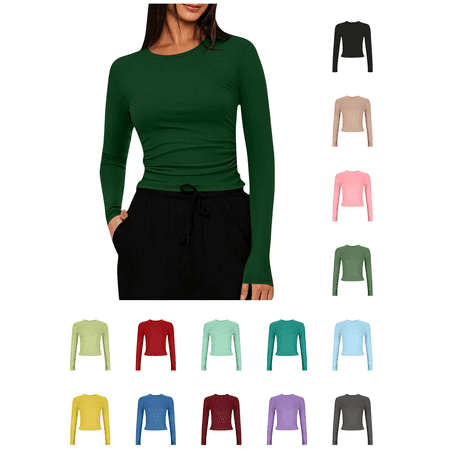 Busydd Slim T Shirts for Women Casual Solid Color Crewneck Basic Tee Trendy Versatile Long Sleeve Layering Undershirts