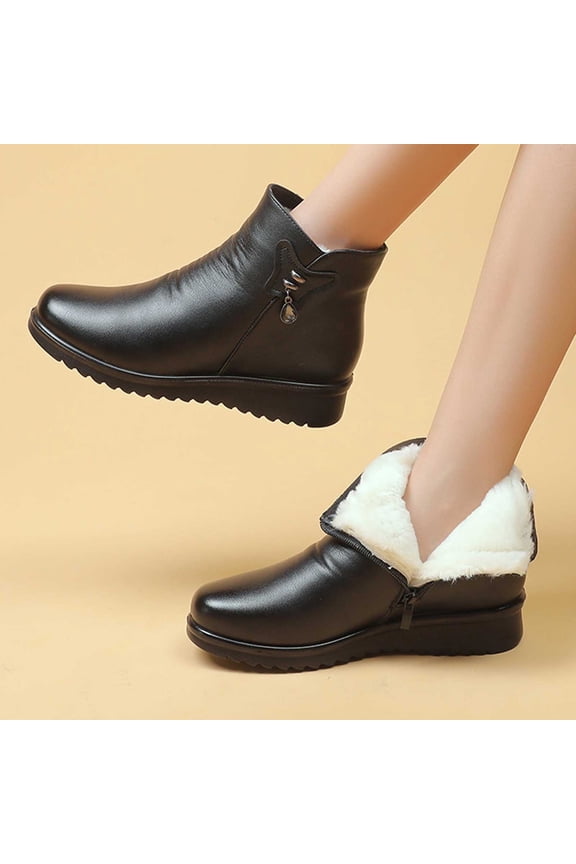 Snow Boots for Women Zipper Black Booties for Women Comfortable Thermal Fuzzy Winter Boots Casual Thick Heel Round Toe Ankle Boots 8.5