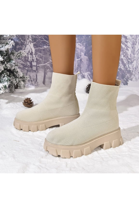 Sock Boots for Women Solid Color Round Toe Winter Boots for Women Fashion Chunky Heel Slip on Womens Ankle Boots 5.5