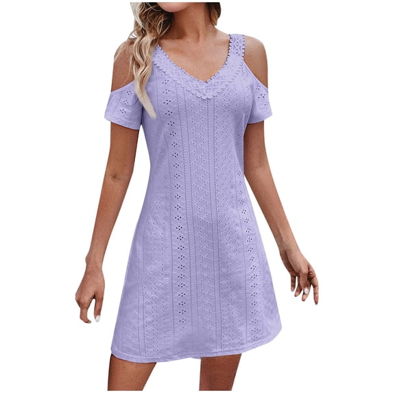 Busydd Spring Dresses for Women Fashion V Neck Short Sleeve Sundress Cold Shoulder A Line Midi Dresses Eyelet Embroidery Babydoll Summer Dress Solid Color Casual Party Beach Sun Dress