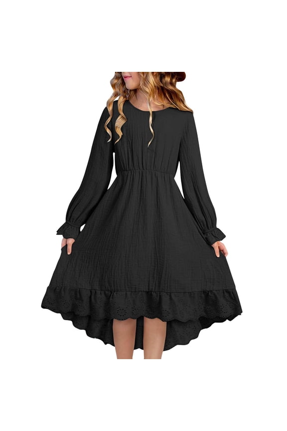 Spring Dresses for Girls 4-15 Years Solid Color Long Sleeve Girls Dresses Casual Round Neck Ruffle Little Girl Dresses