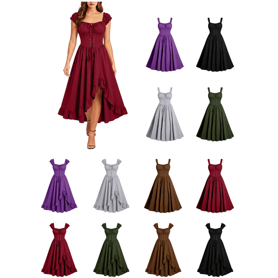 Busydd Square Neck Gothic Dress for Women Solid Color Ruffle Sleeve Lace up Corset Dresses Vintage Medieval Pleated Renaissance Dress L