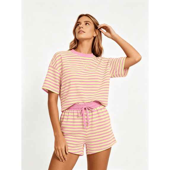 Busydd Striped Two Piece Sets for Women Fashion Casual Vacation Lounge Sets Crew Neck Short Sleeve Tops and Drawstring Shorts Matching Sets L