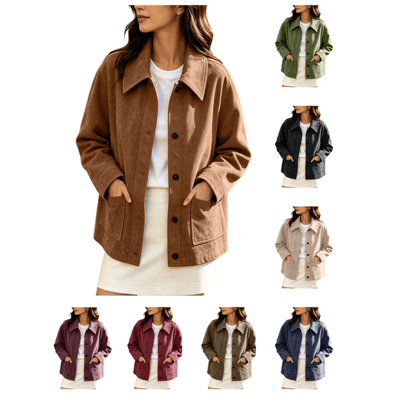 Busydd Suede Jackets for Women with Pockets Fashion Solid Color Button Down Fall Jackets Casual Comfortable Long Sleeve Lapel Jackets