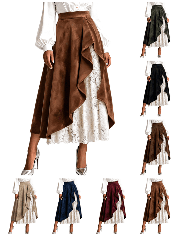Suede Lace Patchwork Skirts for Women Vintage Fashion Ruffle Midi Skirt Casual Solid Color High Waisted Western-Style Skirts