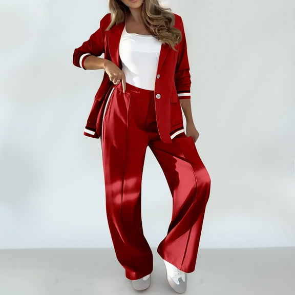 Busydd Suit Sets for Women Comfy Loose Solid Color Business Two Piece Sets for Women Long Sleeve Button Lapel Blazer and Pants Suits M