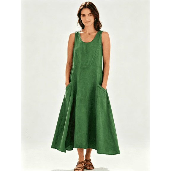 Busydd Womens Summer Dress Plus Size Cotton Linen Dresses Sleeveless Round Neck Maxi Dress Casual Loose Comfy Hawaiian Beach Dress Fashion Flowy Basic Solid Color Sundress with Pockets,S-5XL