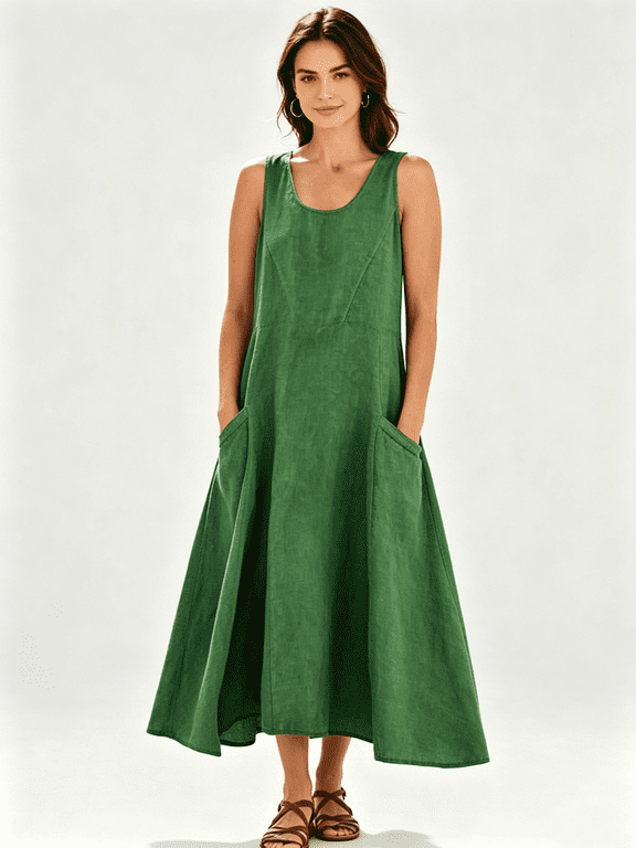 Womens Summer Dress Plus Size Cotton Linen Dresses Sleeveless Round Neck Maxi Dress Casual Loose Comfy Hawaiian Beach Dress Fashion Flowy Basic Solid Color Sundress with Pockets,S-5XL