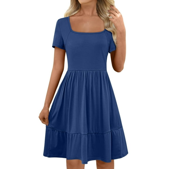 Busydd Summer Dresses for Women 2025 Solid Color Sundresses for Women Square Neck Short Sleeve Mini Dress Trendy Tiered Flowy Casual Dress with Pockets Navy XL