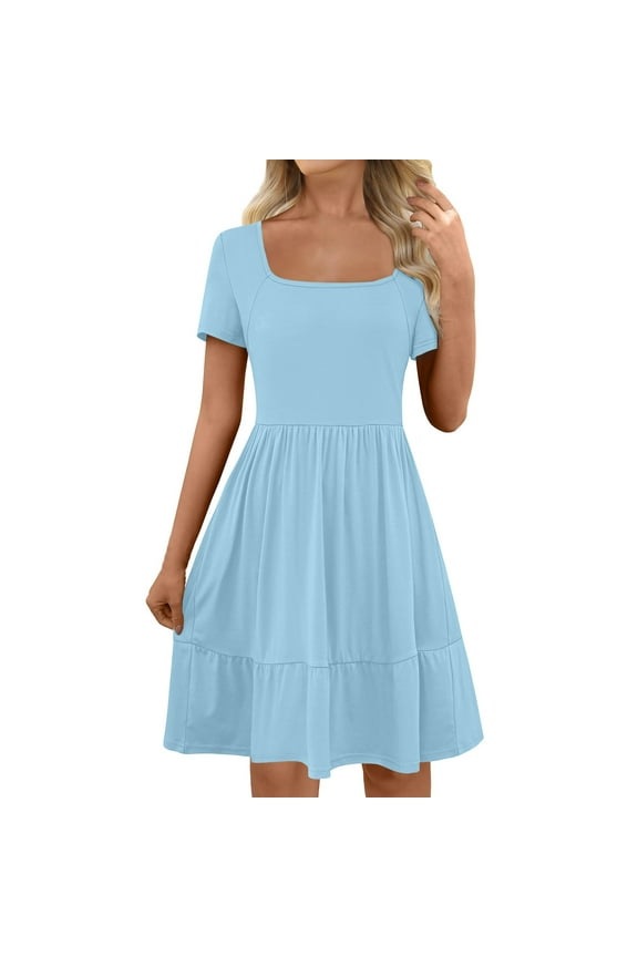 Summer Dresses for Women 2025 Solid Color Sundresses for Women Square Neck Short Sleeve Mini Dress Trendy Tiered Flowy Casual Dress with Pockets Light Blue S