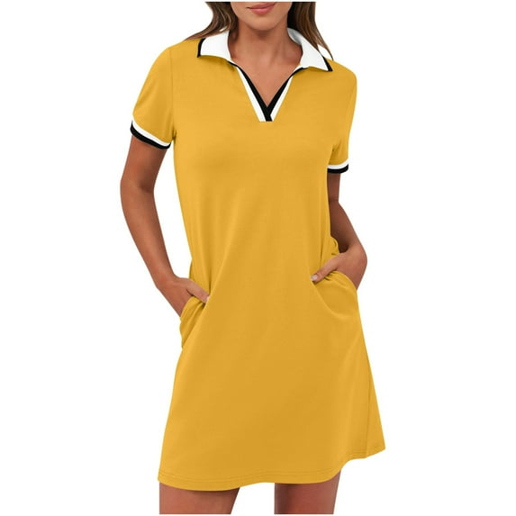 Busydd Summer Dresses for Women 2025 Trendy Lapel Sundresses for Women Casual Color Block Summer Dress Comfy V Neck Shirt Dress Loose Golf Tennis Dresses with Pockets