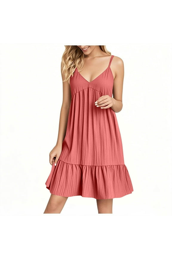 Summer Dresses for Women 2025 Trendy Solid Color V Neck Sundresses for Women Casual Sleeveless Spaghetti Straps Spring Dress Pleated Tiered Mini Dress