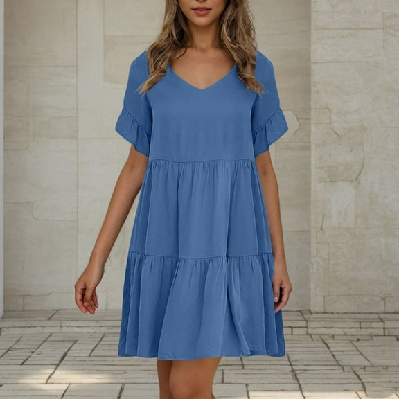 Busydd Summer Dresses for Women 2025 Solid Color V Neck Spring Dress Casual Short Sleeve Ruffle Sundresses for Women Trendy Loose Pleated Mini Dress