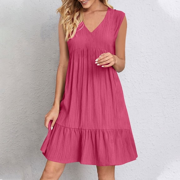 Busydd Summer Dresses for Women 2025 Solid Color V Neck Spring Dress Casual Sleeveless Pleated Sundresses for Women Trendy Loose Tiered Mini Dress