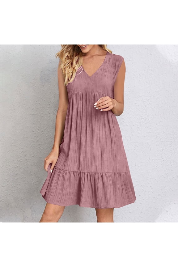 Summer Dresses for Women 2025 Solid Color V Neck Spring Dress Casual Sleeveless Pleated Sundresses for Women Trendy Loose Tiered Mini Dress