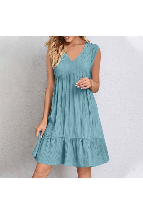 Summer Dresses for Women 2025 Solid Color V Neck Spring Dress Casual Sleeveless Pleated Sundresses for Women Trendy Loose Tiered Mini Dress