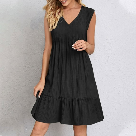 Busydd Summer Dresses for Women 2025 Solid Color V Neck Spring Dress Casual Sleeveless Pleated Sundresses for Women Trendy Loose Tiered Mini Dress