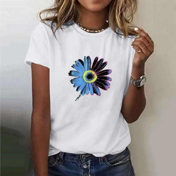 Busydd Summer Tops for Women Trendy Sunflower Graphic Tees Comfortable Breathable Cotton Tshirts Shirts for Women Casual Round Neck Short Sleeve Going Out Tops 2XL