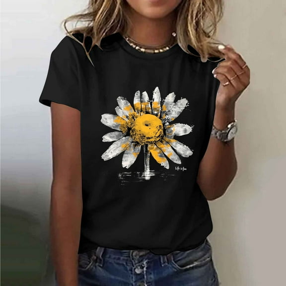 Busydd Summer Tops for Women Trendy Sunflower Graphic Tees Comfortable Breathable Cotton Tshirts Shirts for Women Casual Round Neck Short Sleeve Going Out Tops 2XL