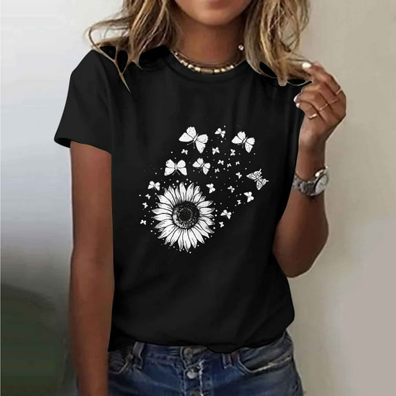 Busydd Summer Tops for Women Trendy Sunflower Graphic Tees Comfortable Breathable Cotton Tshirts Shirts for Women Casual Round Neck Short Sleeve Going Out Tops M