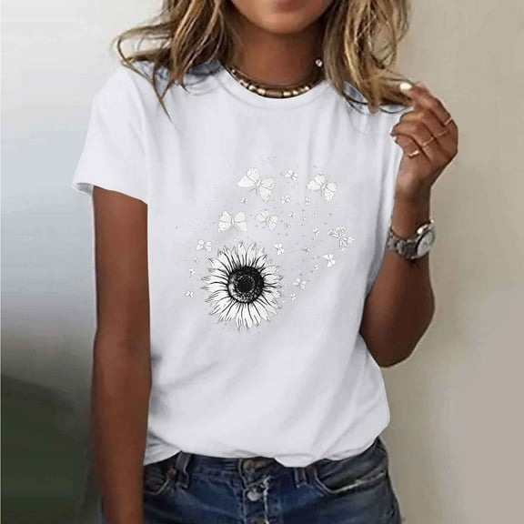 Busydd Summer Tops for Women Trendy Sunflower Graphic Tees Comfortable Breathable Cotton Tshirts Shirts for Women Casual Round Neck Short Sleeve Going Out Tops XL