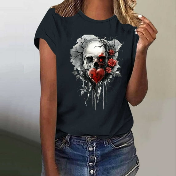 Busydd Summer Tops for Women Stylish Skull Print T Shirts for Women Casual Short Sleeve Round Neck Graphic Tees Comfy Cotton T-Shirts S