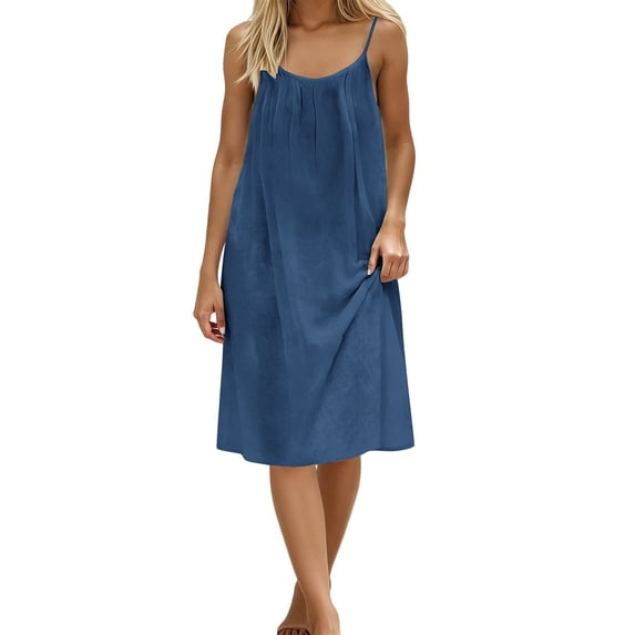 Busydd Sundresses for Women Fashionable Backless Spaghetti Straps Summer Dresses Casual Round Neck Solid Color Sleeveless Sleep Midi Dress M
