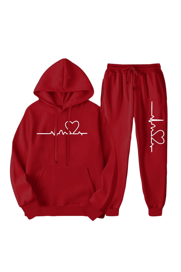 Sweat Suits for Womens 2 Piece Love Heart Print Drawsting Long Sleeve Hoodies and Pants Lounge Sets for Women Comfy Casual Travel Womens Loungewear Set 2XL