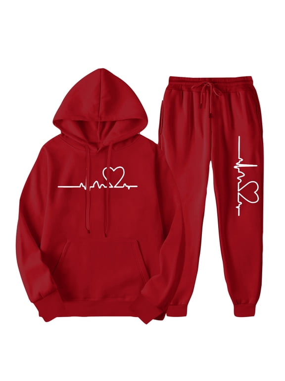 Sweat Suits for Womens 2 Piece Love Heart Print Drawsting Long Sleeve Hoodies and Pants Lounge Sets for Women Comfy Casual Travel Womens Loungewear Set L