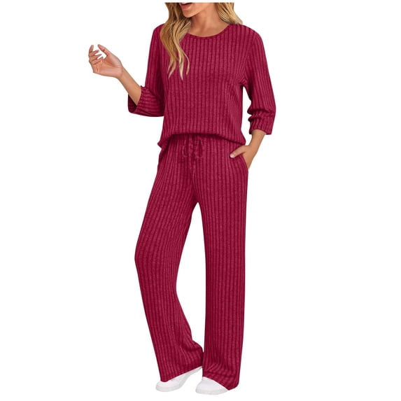 Busydd Sweat Suits for Womens 2 Piece Trendy Comfy Knit Ribbed Womens Lounge Set Long Sleeve Round Neck Tops and Pants Solid Color Travel Outfits for Women M