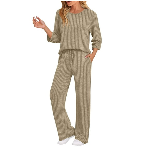 Busydd Sweat Suits for Womens 2 Piece Trendy Comfy Knit Ribbed Womens Lounge Set Long Sleeve Round Neck Tops and Pants Solid Color Travel Outfits for Women S
