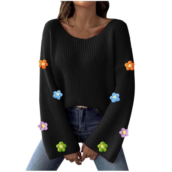 Busydd Sweaters for Women Long Sleeve Crewneck Sweaters Solid Color Knit Sweater for Women Casual Loose Fall Sweaters Blouse Tops Trendy Floral Print Pullover Sweaters for Women