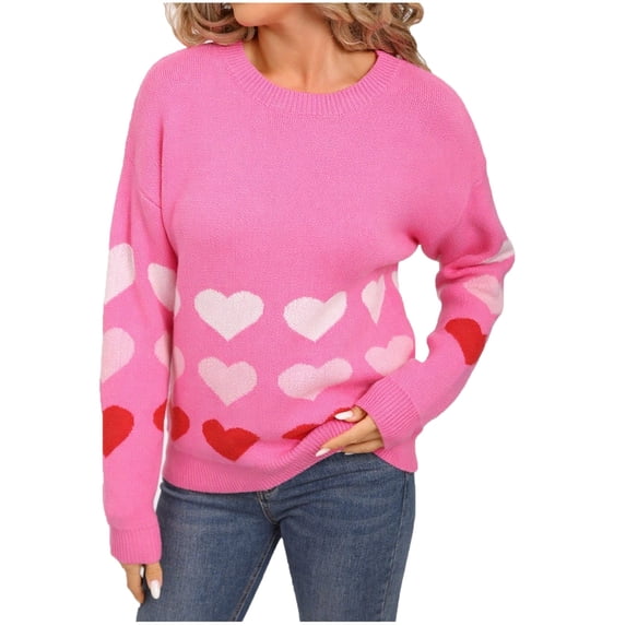 Busydd Sweaters for Women Trendy Love Heart Print Womens Sweater Casual Round Neck Pullover Sweaters for Women Fall Long Sleeve Knit Ladies Sweaters L