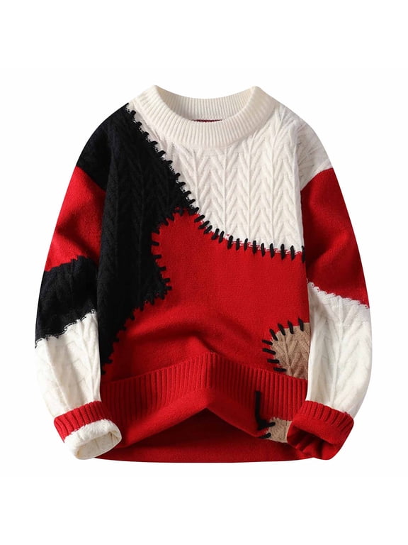 Sweaters for Men Fashion Color Block Knit Sweater Casual Long Sleeve Crewneck Pullover Sweater Winter Warm Oversized Sweaters M-4XL