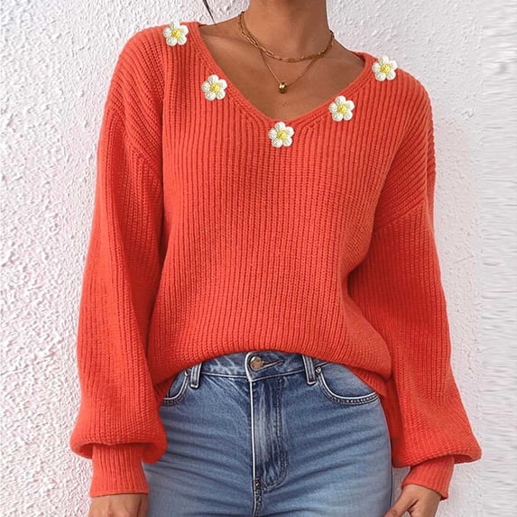 Busydd Sweaters for Women Casual Comfy V Neck Long Sleeve Pullover Sweaters for Women Trendy Loose Embroidery Fall Sweaters