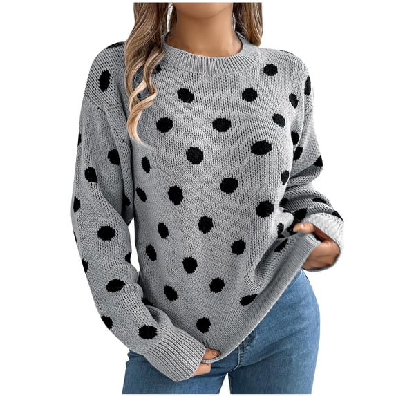 Busydd Sweaters for Women Fashion Black Dot Print Knit Sweater Crewneck Long Sleeve Pullover Sweaters Casual Tunic Fall Sweaters