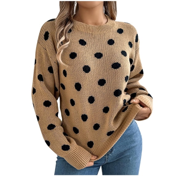 Busydd Sweaters for Women Fashion Black Dot Print Knit Sweater Crewneck Long Sleeve Pullover Sweaters Casual Tunic Fall Sweaters