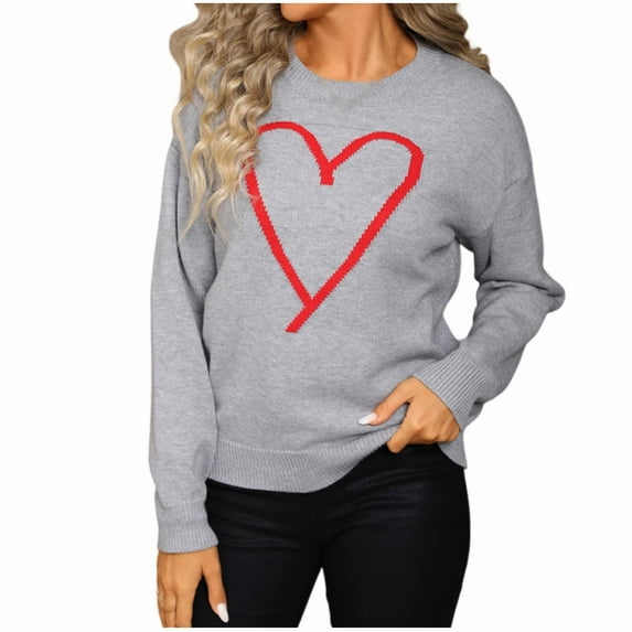 Busydd Sweaters for Women Trendy Love Heart Print Womens Sweater Casual Round Neck Pullover Sweaters for Women Fall Long Sleeve Ladies Sweaters M