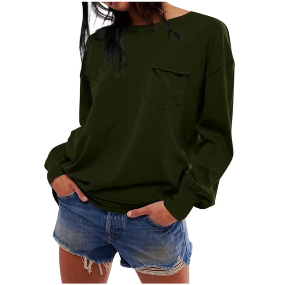 Busydd Sweatshirt for Women Fashion Long Sleeve Crewneck Sweatshirts Chest Pocket Orange Sweatshirt Lightweight Hoodie Women Fall Sweatshirt Casual Solid Color Pullover Tops