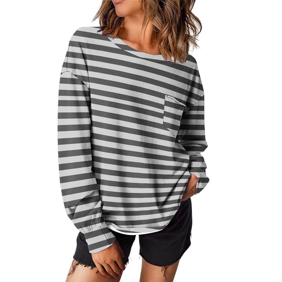 Busydd Sweatshirt for Women Striped Print Crewneck Sweatshirts Long Sleeve Fall Sweatshirt Casual Loose Oversized Sweatshirt Pullover Tops with Chest Pocket