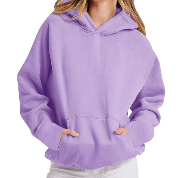 Busydd Sweatshirts for Women Casual Solid Color Hooded Sweatshirt Fashion Loose Long Sleeve Pullover Tops Comfy Fleece Fall Hoodies with Pockets 2XL