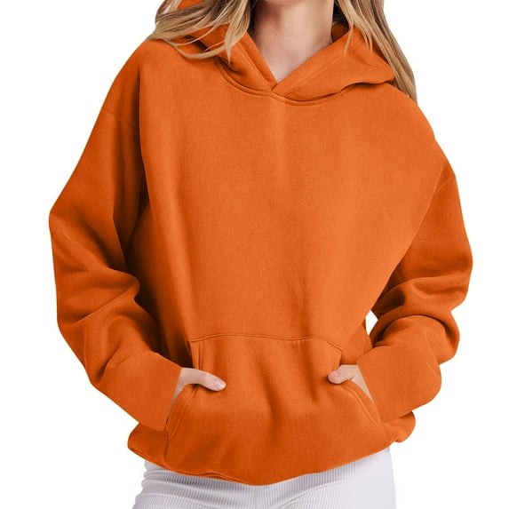 Busydd Sweatshirts for Women Casual Solid Color Hooded Sweatshirt Fashion Loose Long Sleeve Pullover Tops Comfy Fleece Fall Hoodies with Pockets L
