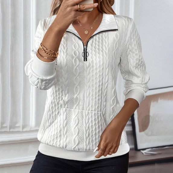Busydd Sweatshirts for Women Solid Color Knit Ribbed Fall Sweatshirts Casual Zipper Long Sleeve Shirts for Women Fashion Label V Neck Sweatshirt XL