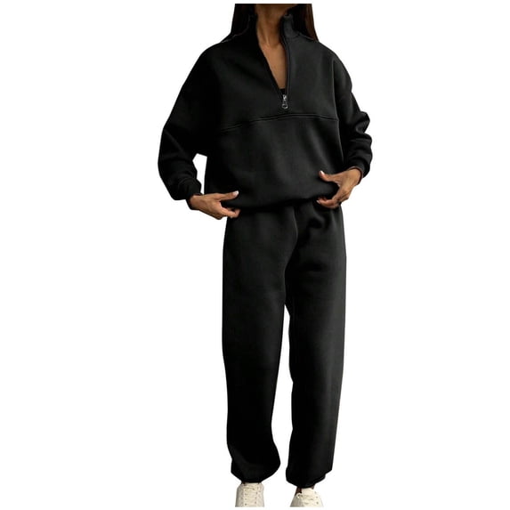 Busydd Sweatsuit Set for Women Fashion Casual Solid Color Loungewear Set Two Piece Outfits for Women Long Sleeve Lapel Zip Sweatshirts Wide Leg Pants Tracksuits Vacation Outfits with Pockets