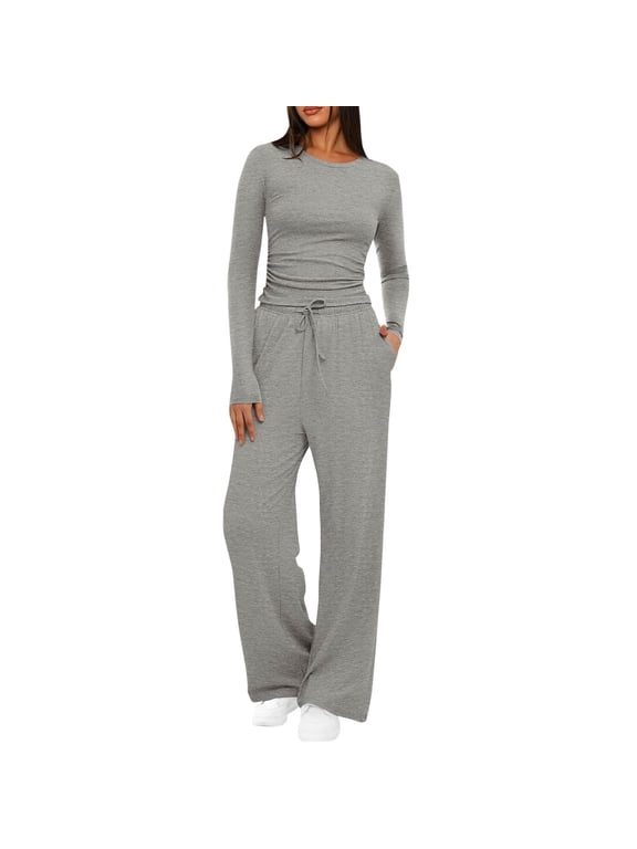Sweatsuits 2pcs Sets Womens Fashion Casual Crewneck Sweatshirt and Sweatpants Slim Trendy Fall Outfits for Women Long Sleeve Travel Vacation Outfits Solid Color Loungewear Track Suits