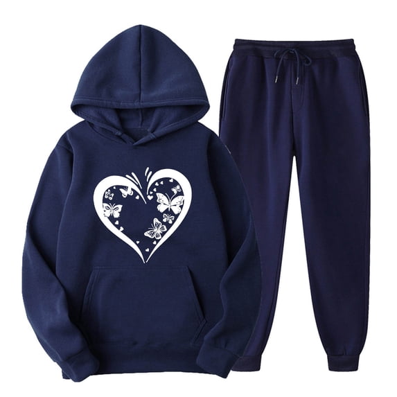 Busydd Sweatsuits Women 2 Piece Outfit Fashion Heart Print Tracksuits Long Sleeve Hoodies Elastic Waist Drawstring Sweatpants with Pockets Casual Loose Travel Vacation Outfits for Women
