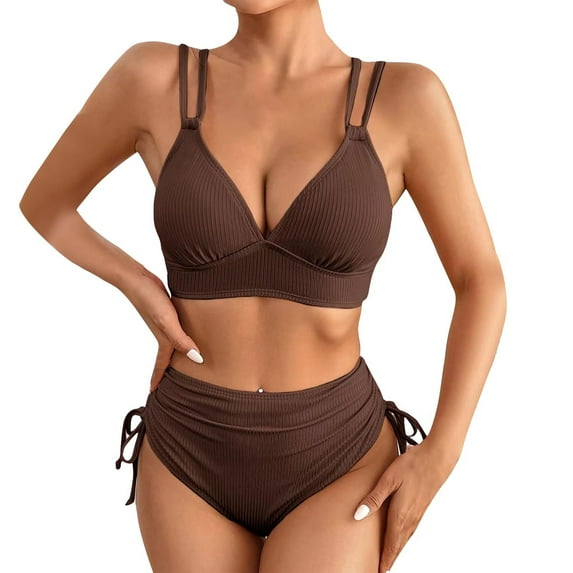 Busydd Swim Suits for Women Two Piece High Waisted Bikini Set Solid Color Push Up Bathing Suits Trendy Deep V Neck Athletic Swimsuit with Drawstring Briefs